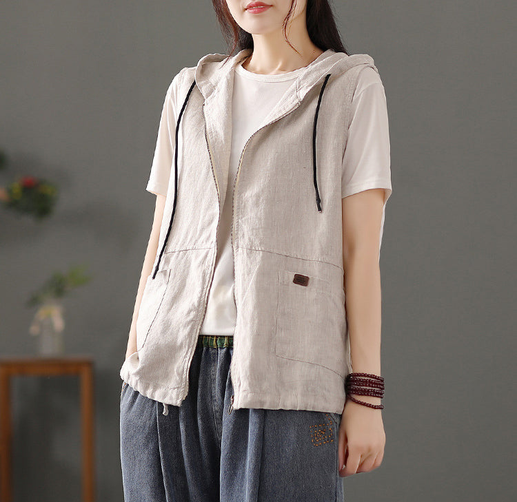 Hodded Sleeveless Cotton Tailored Jacket
