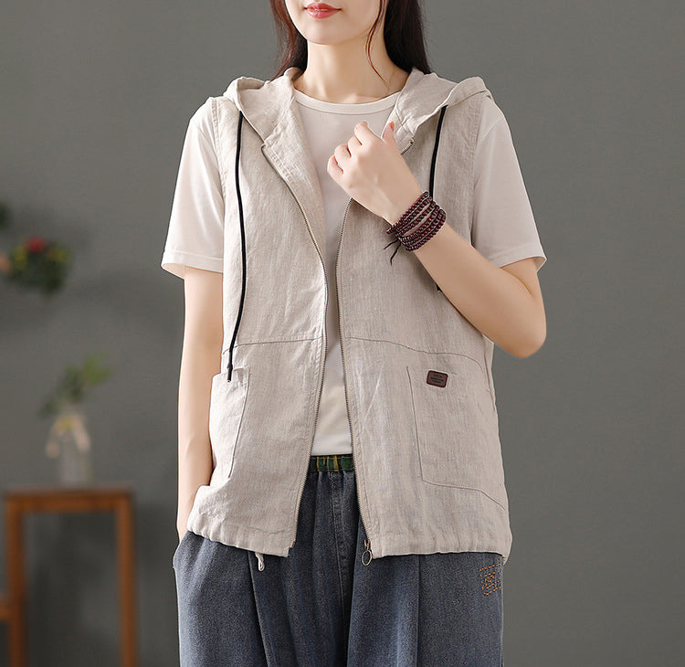 Hodded Sleeveless Cotton Tailored Jacket