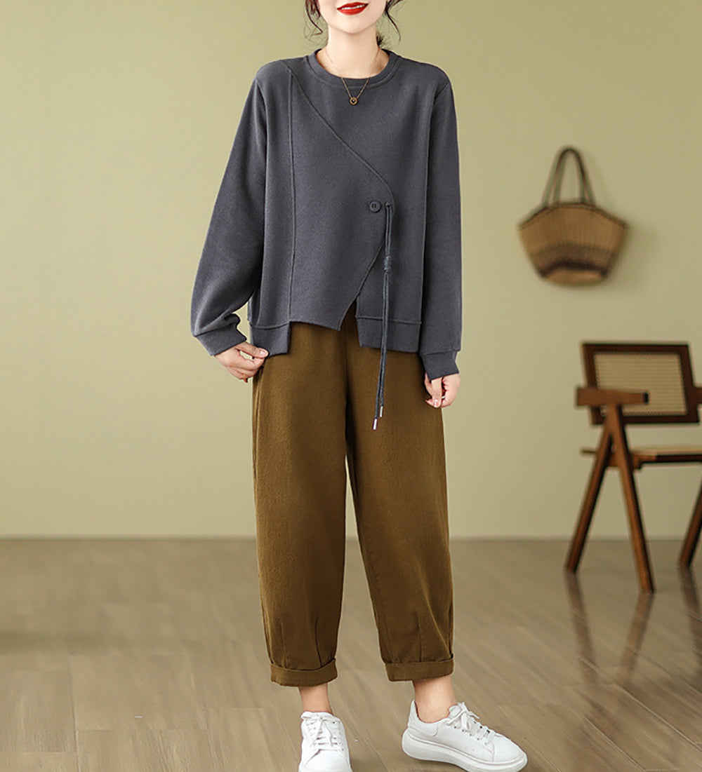 Women Solid Round Neck Cotton Pullover Sweater