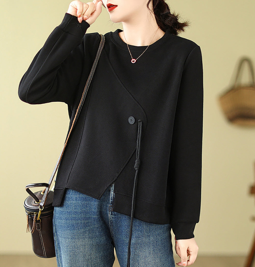 Women Solid Round Neck Cotton Pullover Straight Sweater