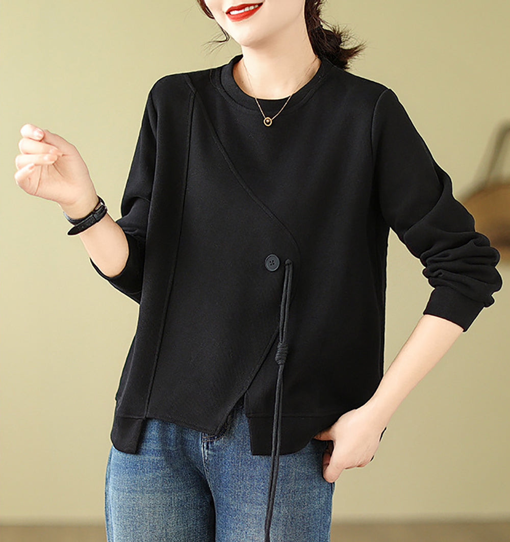 Women Solid Round Neck Cotton Pullover Straight Sweater