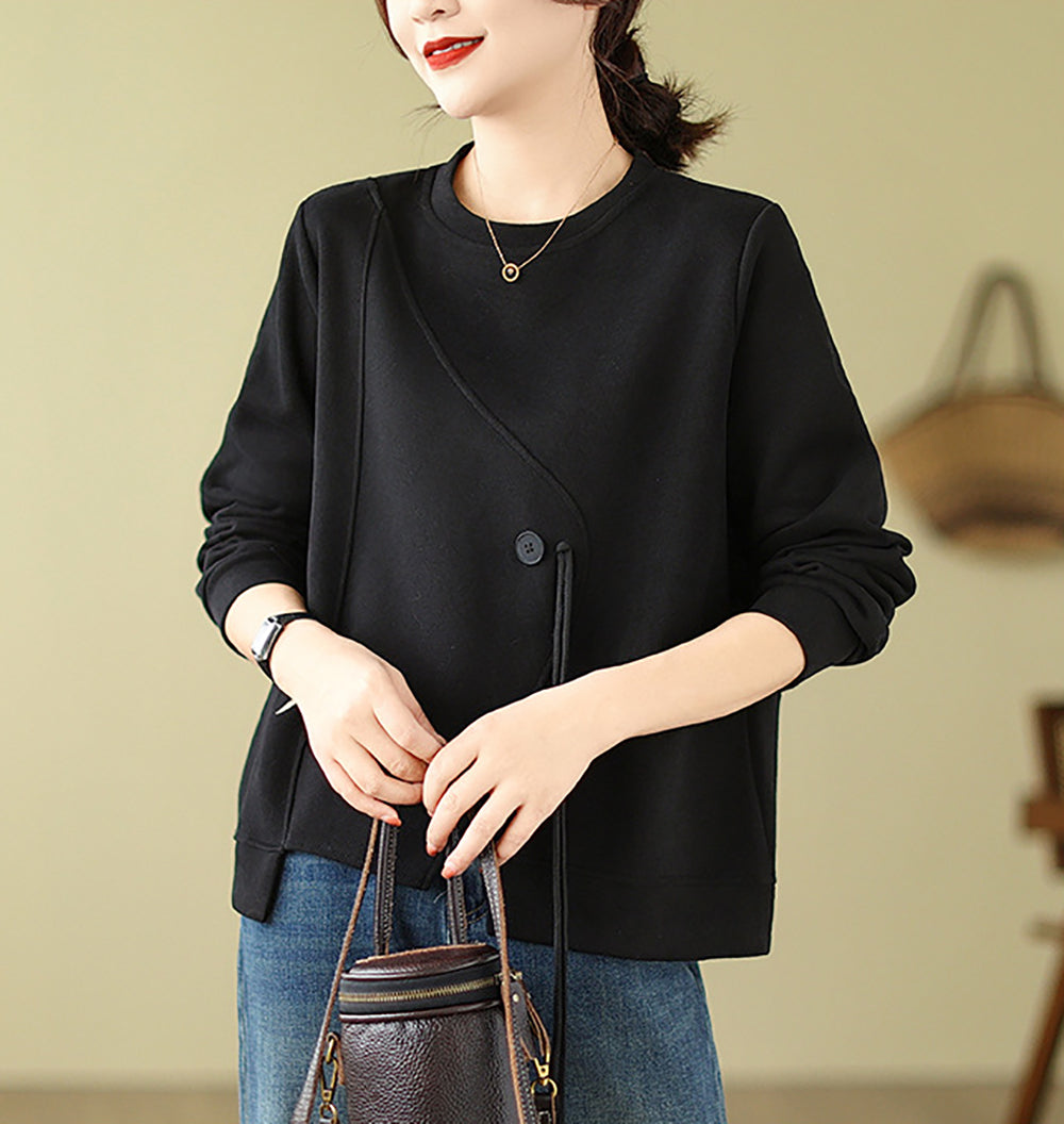 Women Solid Round Neck Cotton Pullover Straight Sweater
