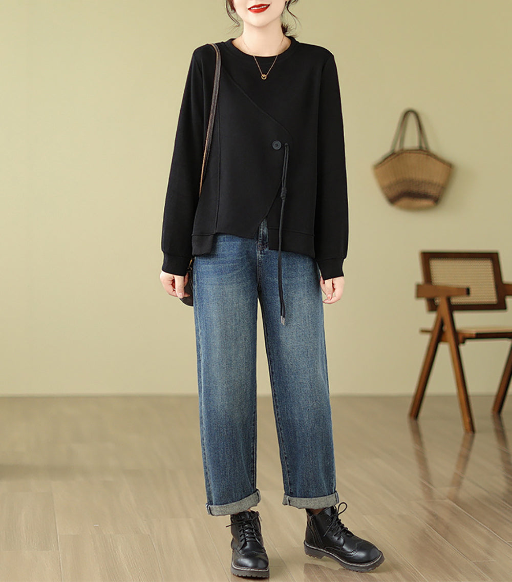 Women Solid Round Neck Cotton Pullover Straight Sweater