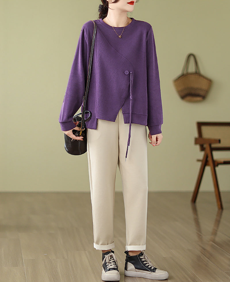 Women Solid Round Neck Cotton Pullover Sweater