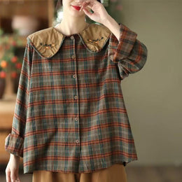 Women Checked Peter Pan Collar Linen Top