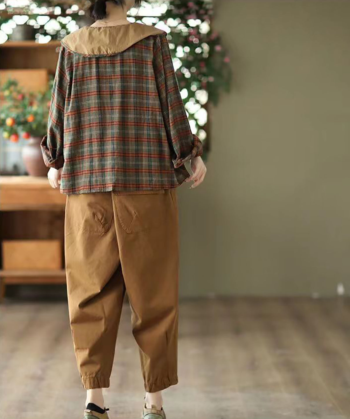 Women Checked Peter Pan Collar Linen Top