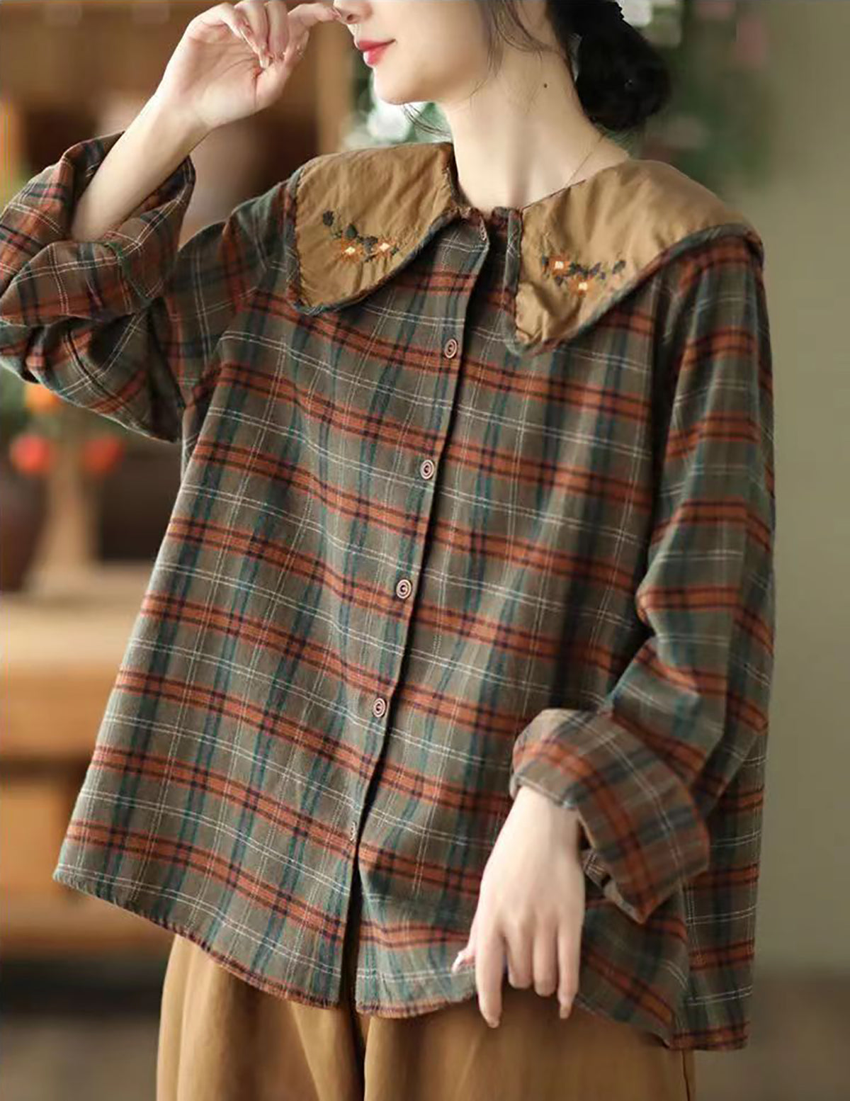 Women Checked Peter Pan Collar Linen Top