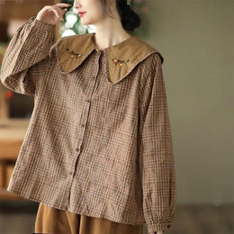Women Checked Peter Pan Collar Linen Top
