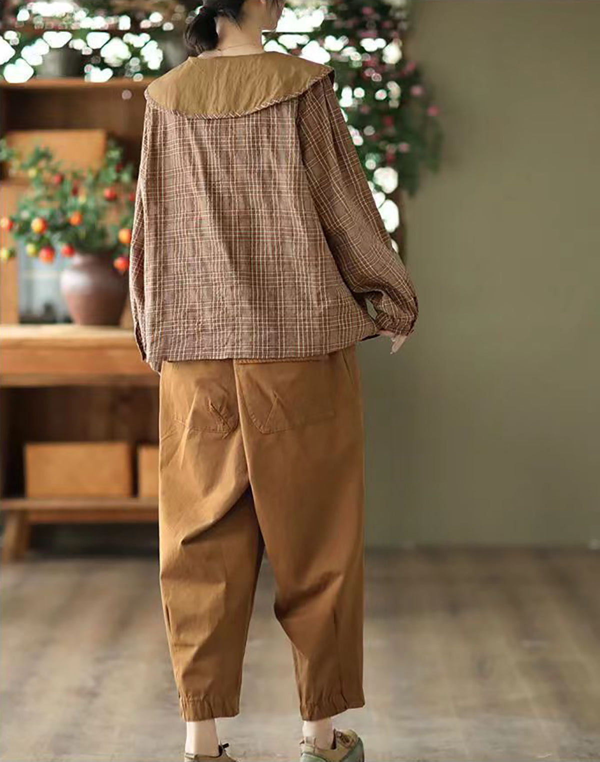 Women Checked Peter Pan Collar Linen Top