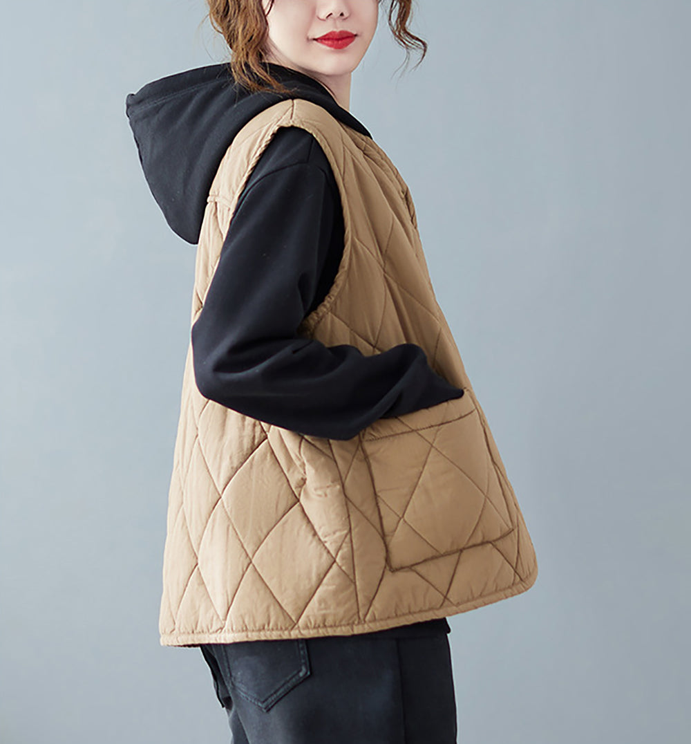 Khaki Coloured Quilted Sleeveless Jacket