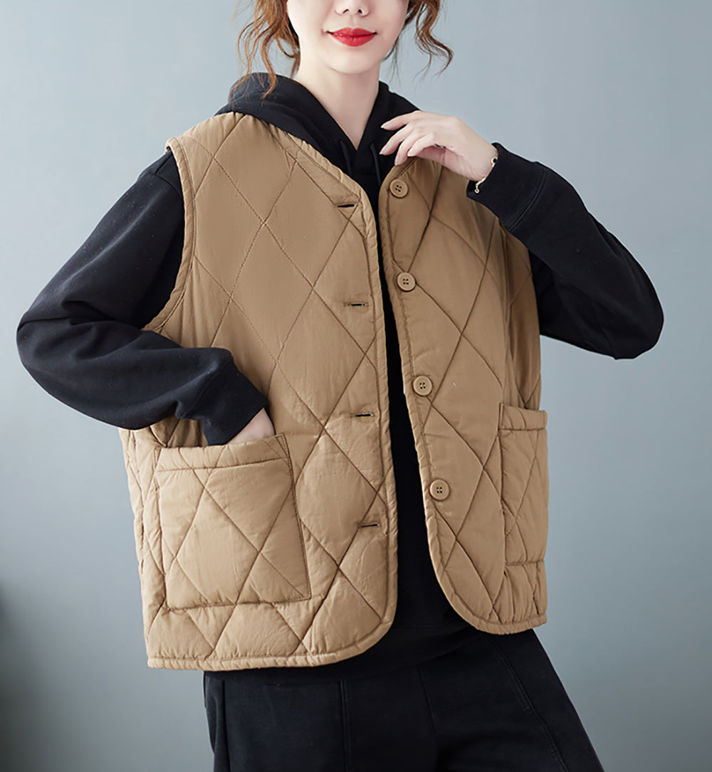 Khaki Coloured Quilted Sleeveless Jacket