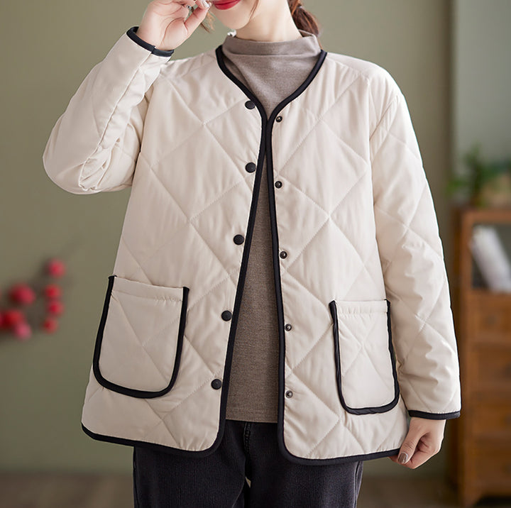 Women Collarless Quilted Self Design Jacket