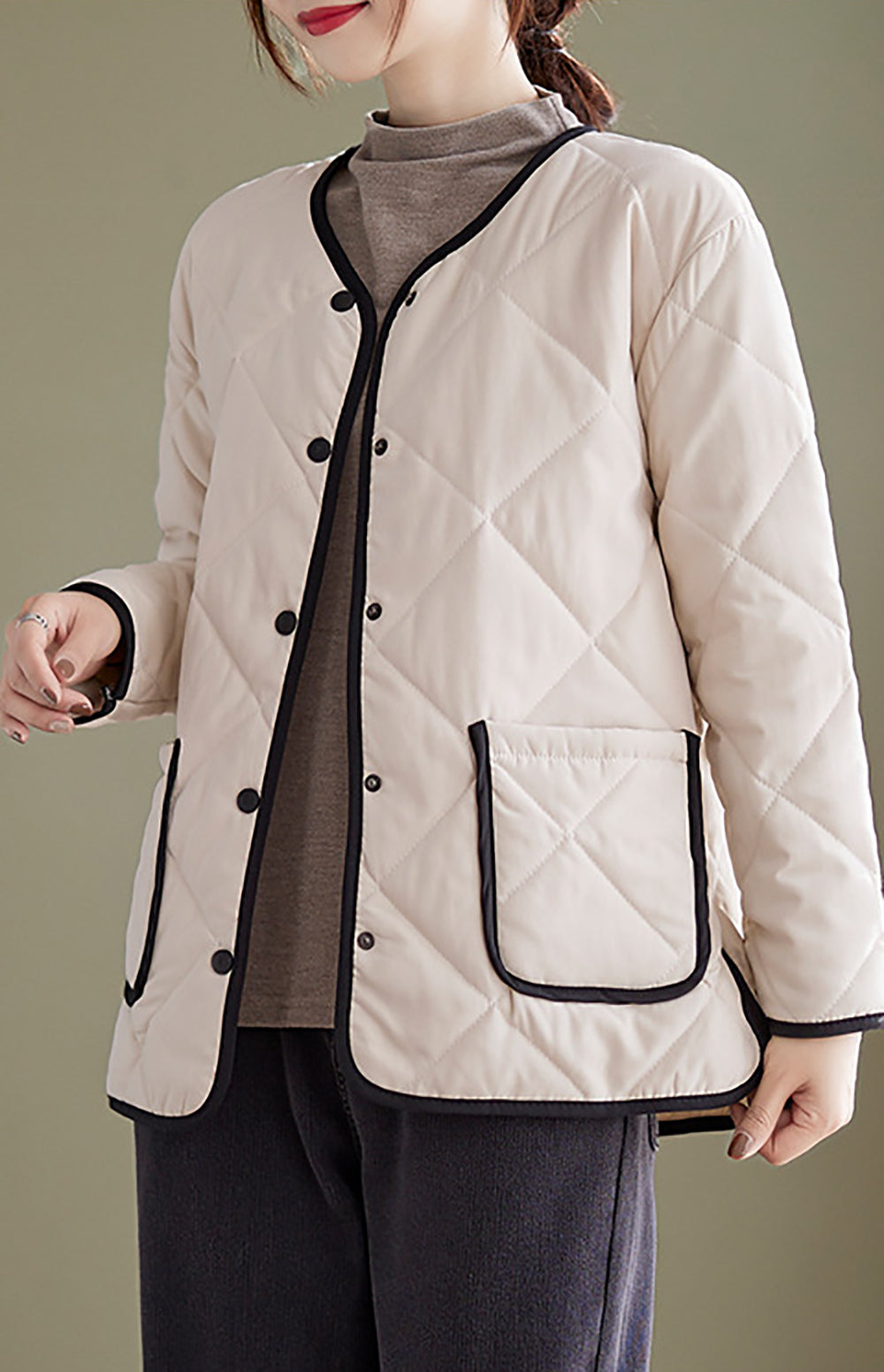 Women Collarless Quilted Self Design Jacket
