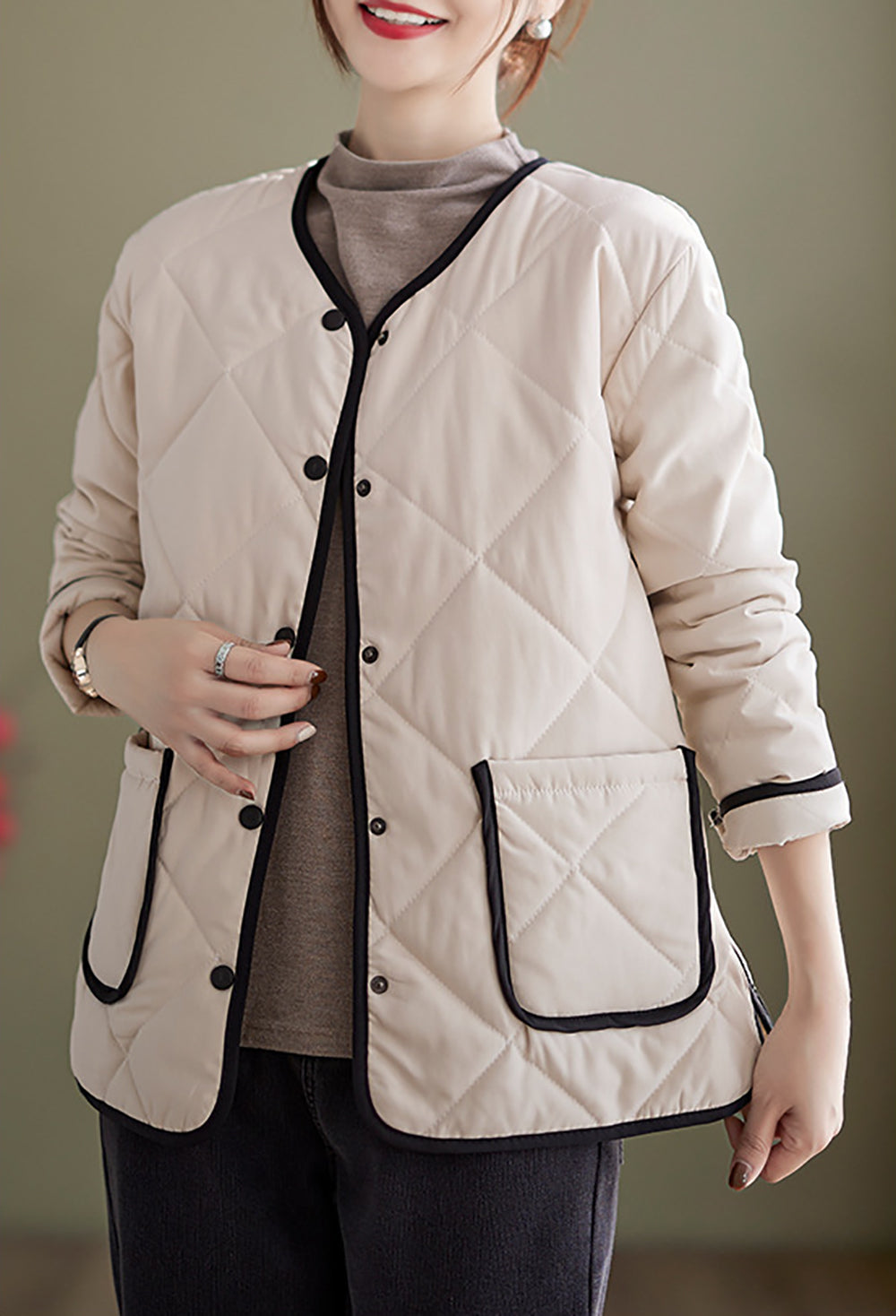 Women Collarless Quilted Self Design Jacket