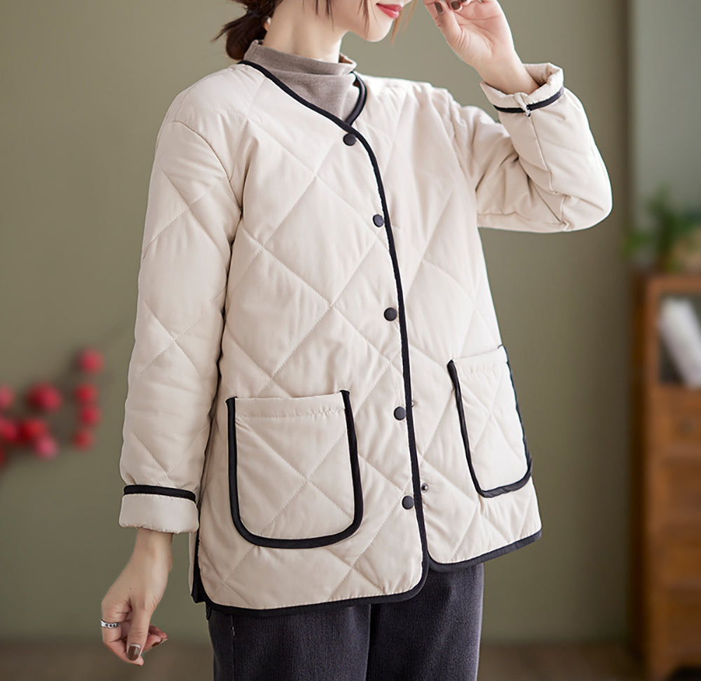 Women Collarless Quilted Self Design Jacket