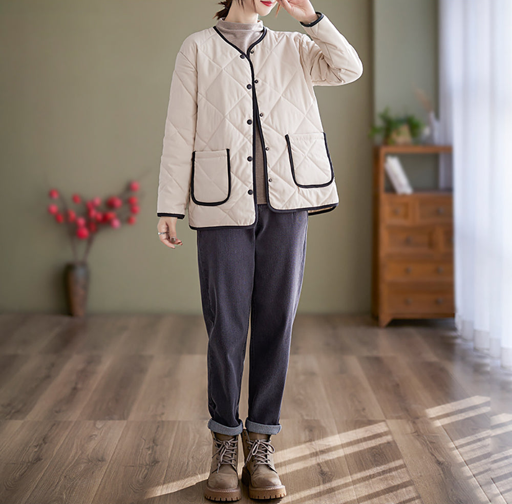Women Collarless Quilted Self Design Jacket