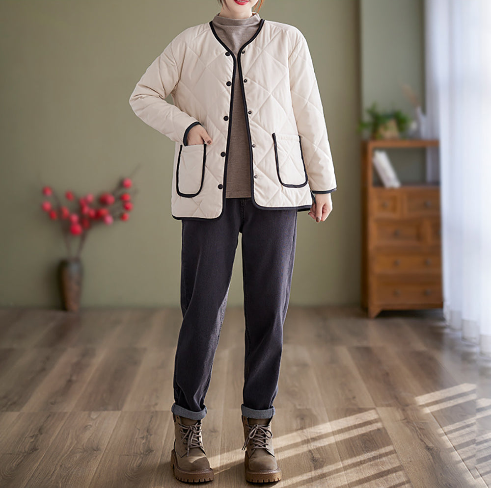 Women Collarless Quilted Self Design Jacket