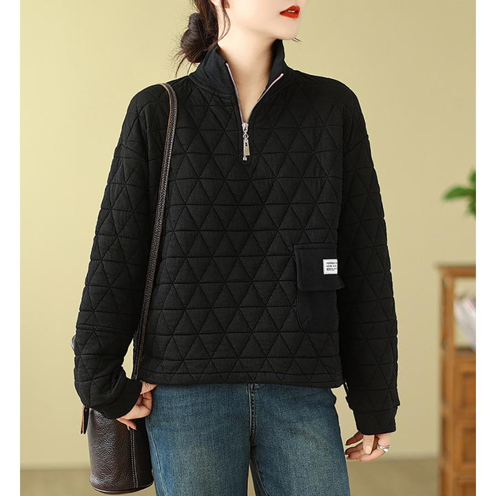Black Self Design Mock Collar Half Zipper Sweatshirt