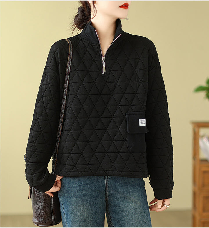 Black Self Design Mock Collar Half Zipper Sweatshirt