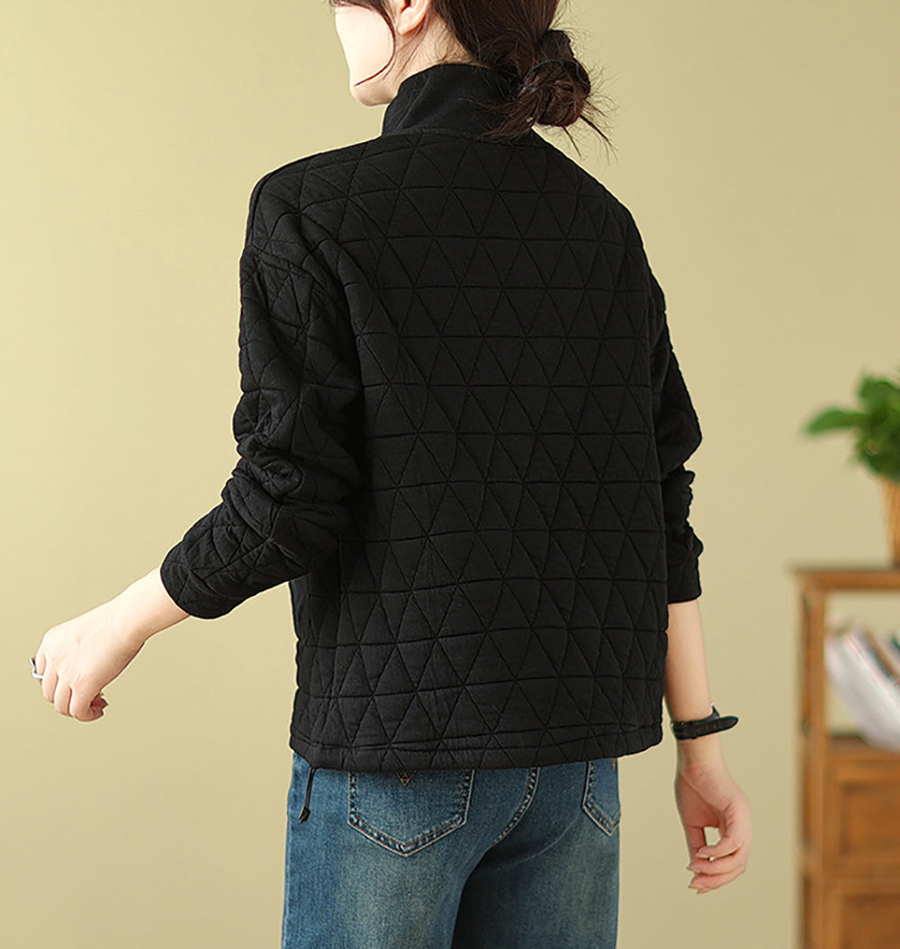 Black Self Design Mock Collar Half Zipper Sweatshirt