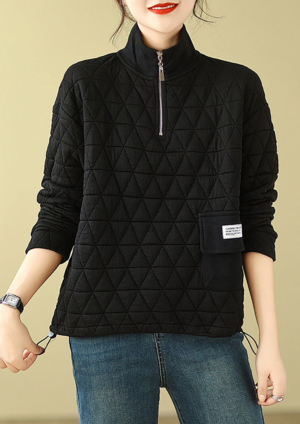 Black Self Design Mock Collar Half Zipper Sweatshirt