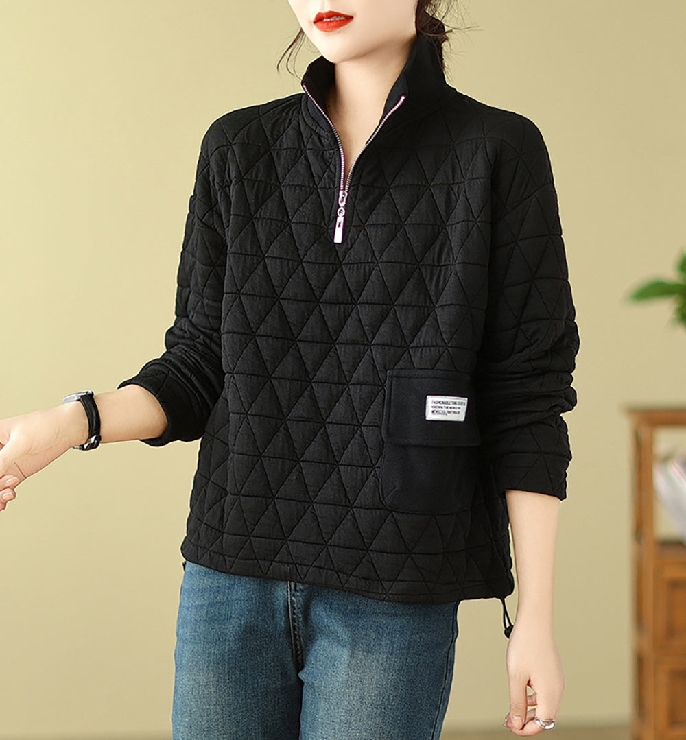 Black Self Design Mock Collar Half Zipper Sweatshirt