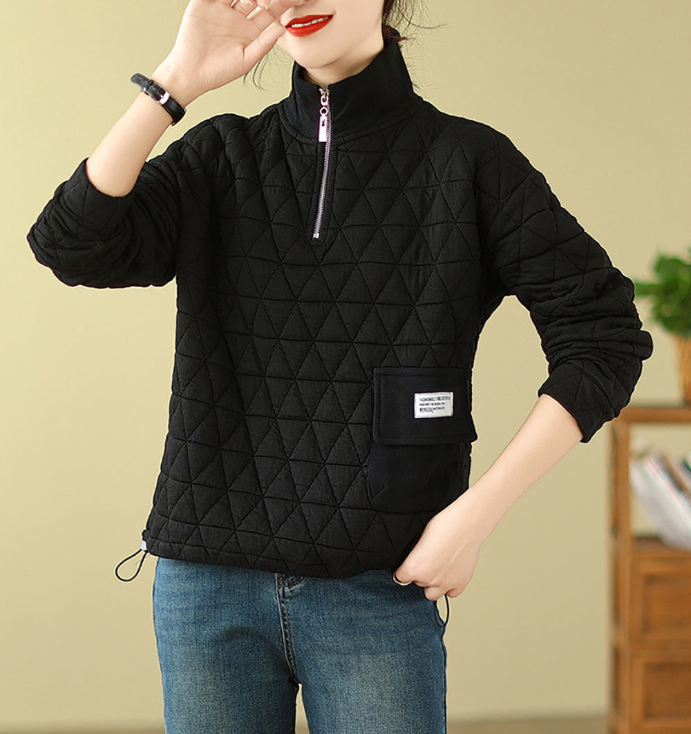 Black Self Design Mock Collar Half Zipper Sweatshirt