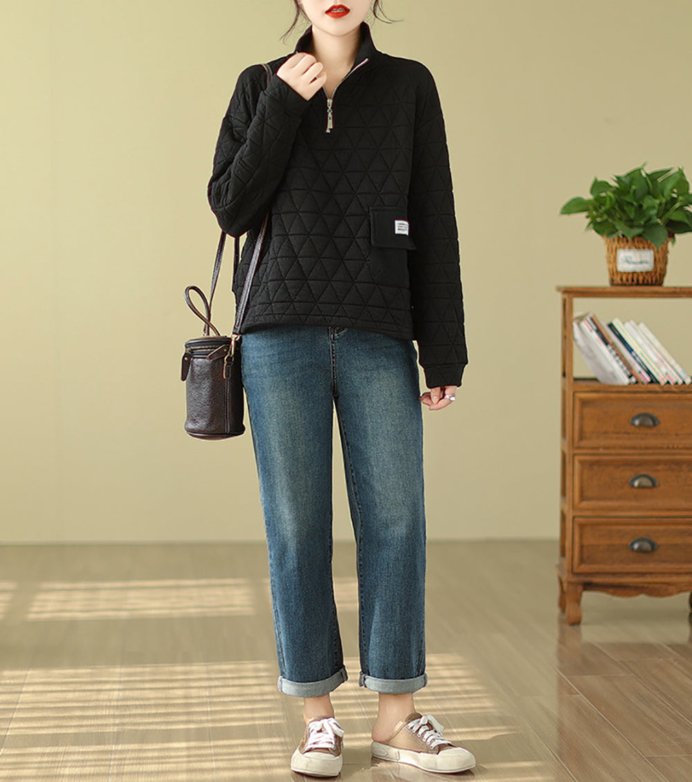 Black Self Design Mock Collar Half Zipper Sweatshirt