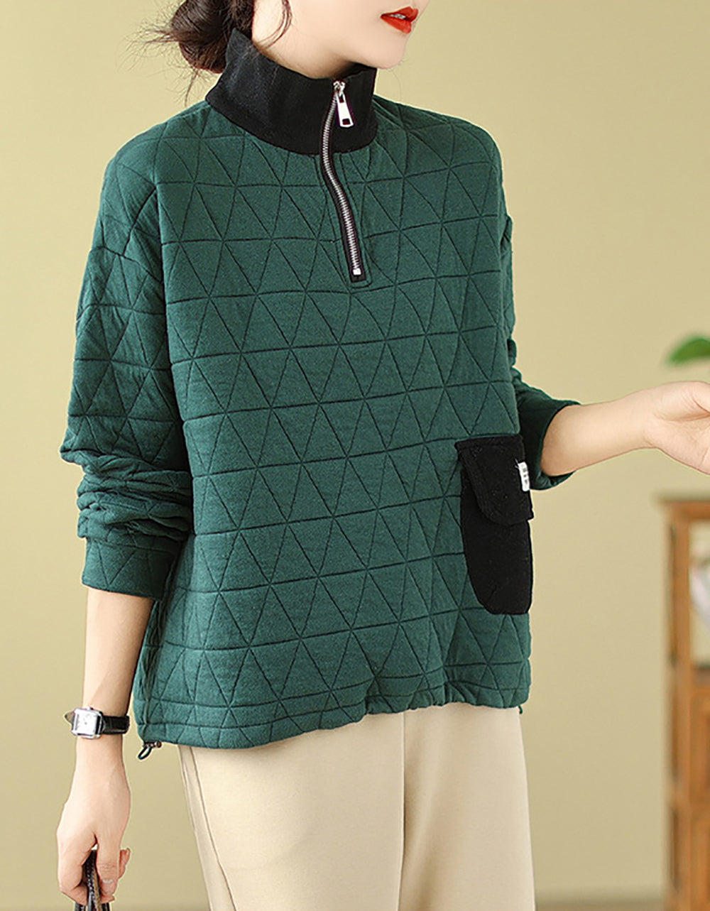 Women Mock Collar Pullover Cotton Sweatshirt