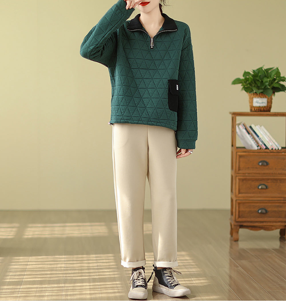 Women Mock Collar Pullover Cotton Sweatshirt
