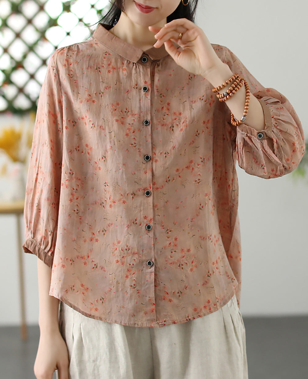 Women Slim Collar Floral Printed Casual Shirt