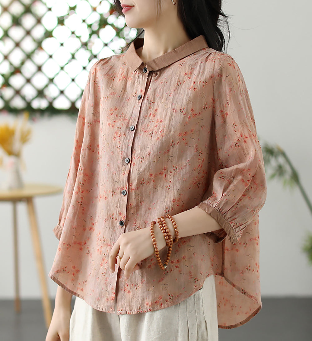 Women Slim Collar Floral Printed Casual Shirt