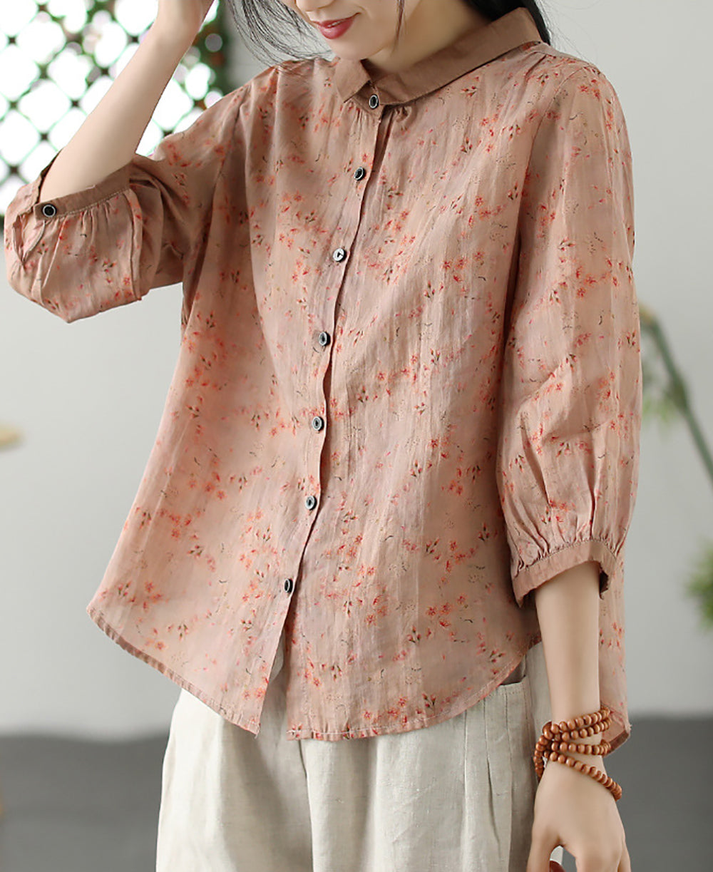Women Slim Collar Floral Printed Casual Shirt