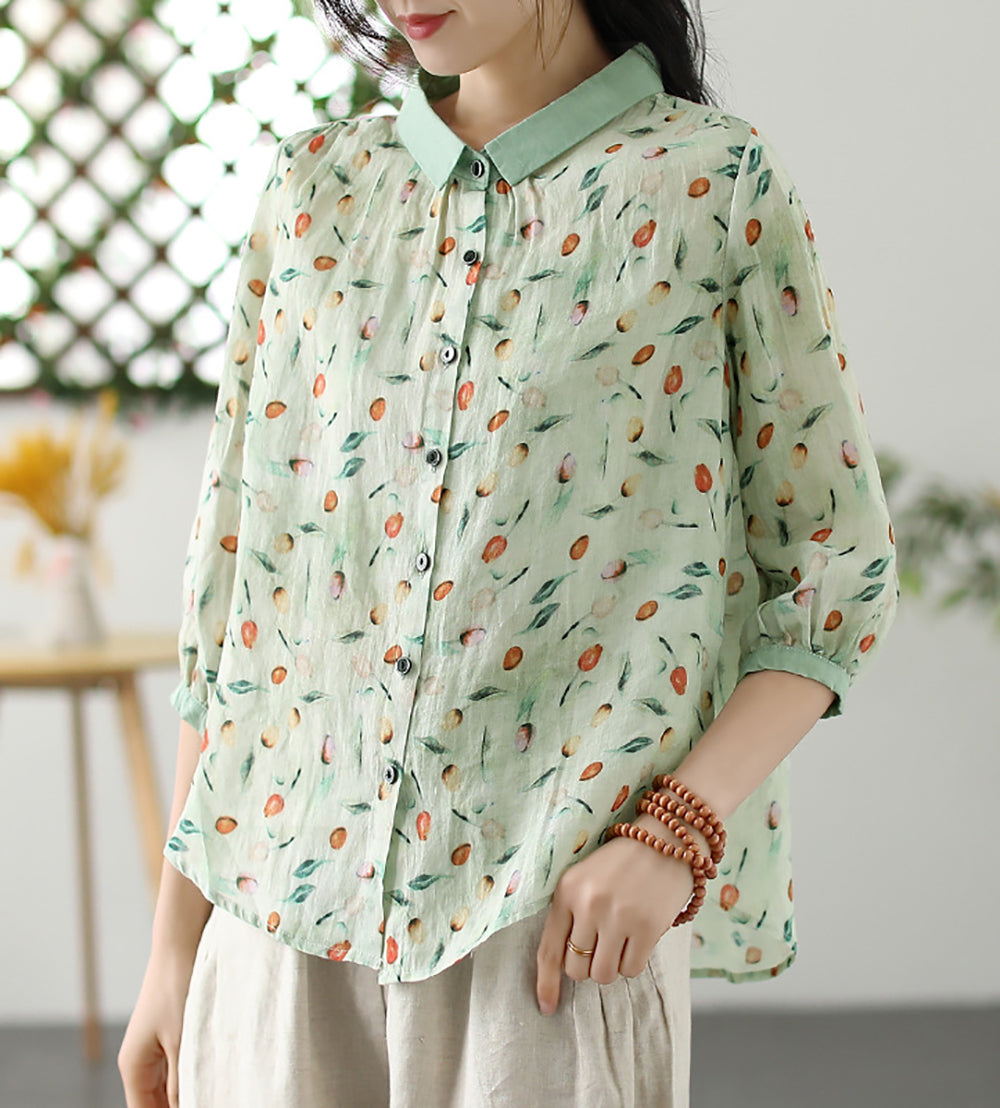 Women Slim Collar Floral Printed Casual Shirt