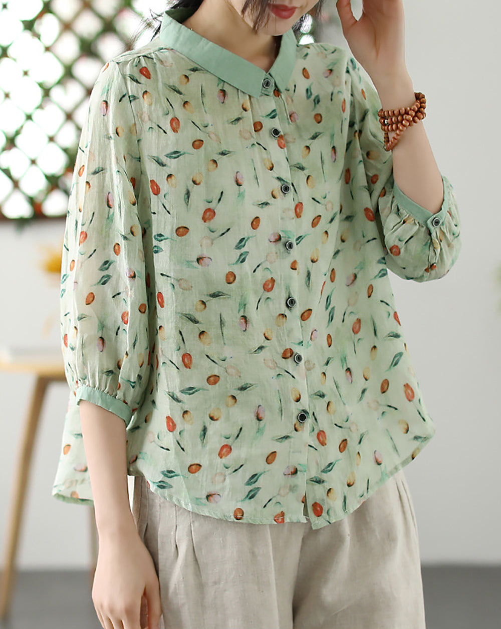 Women Slim Collar Floral Printed Casual Shirt
