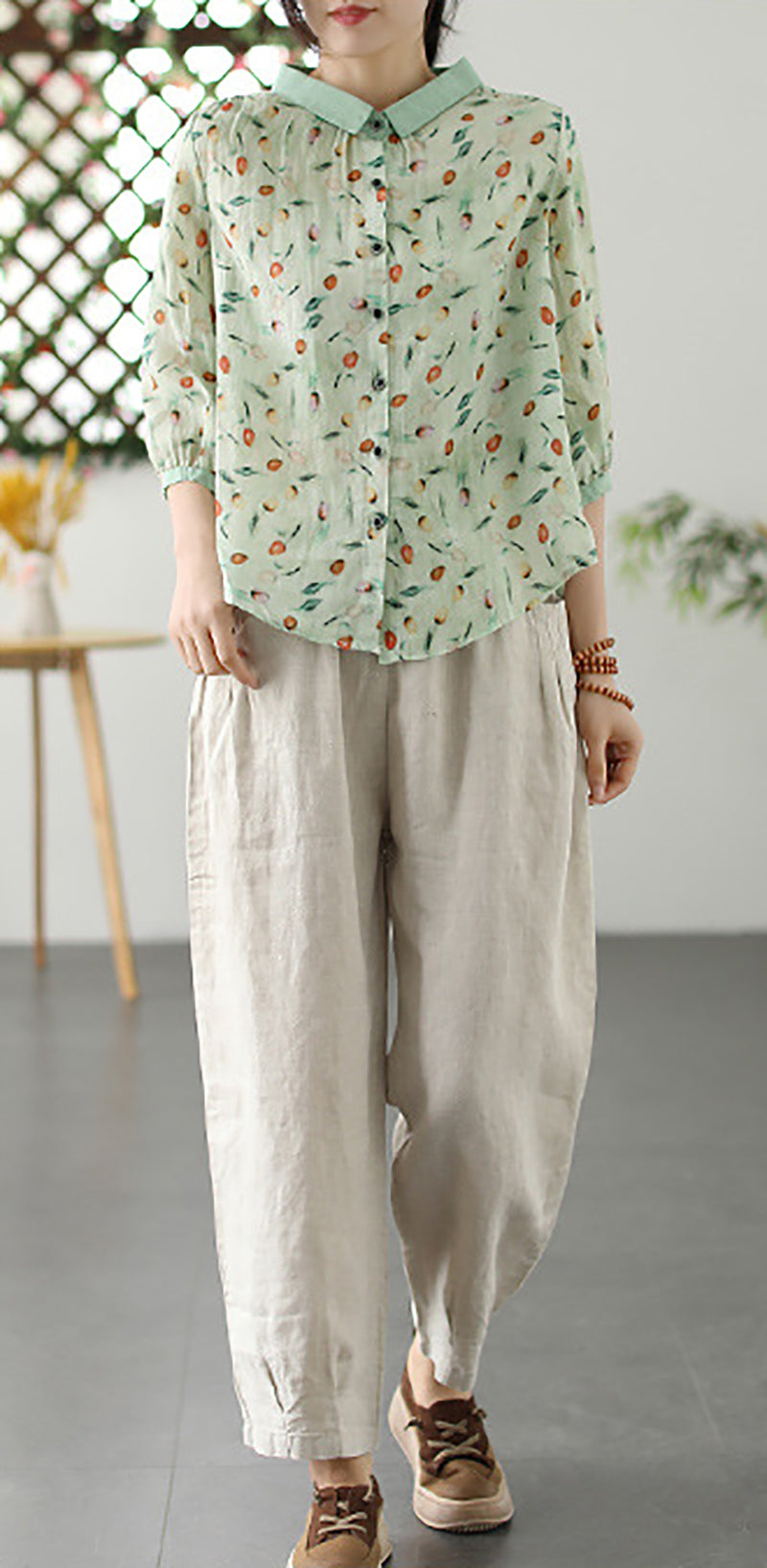Women Slim Collar Floral Printed Casual Shirt