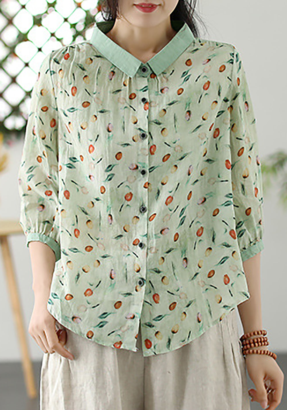 Women Slim Collar Floral Printed Casual Shirt