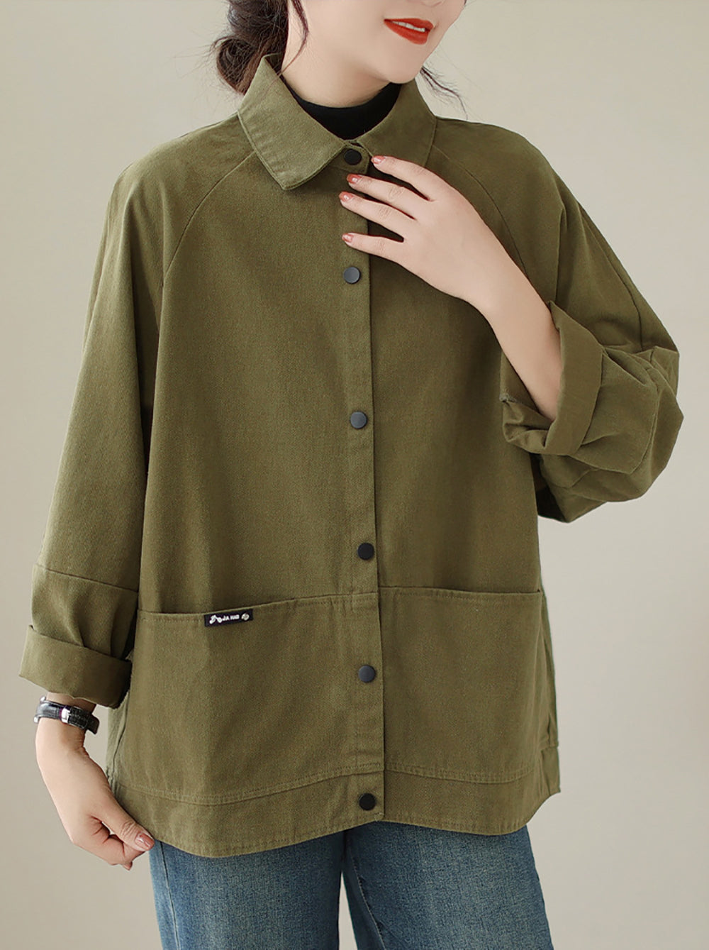 Women Spread Collar Solid Cotton Oversized Casual Shirt