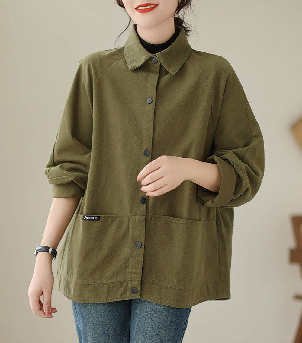 Women Spread Collar Solid Cotton Oversized Casual Shirt