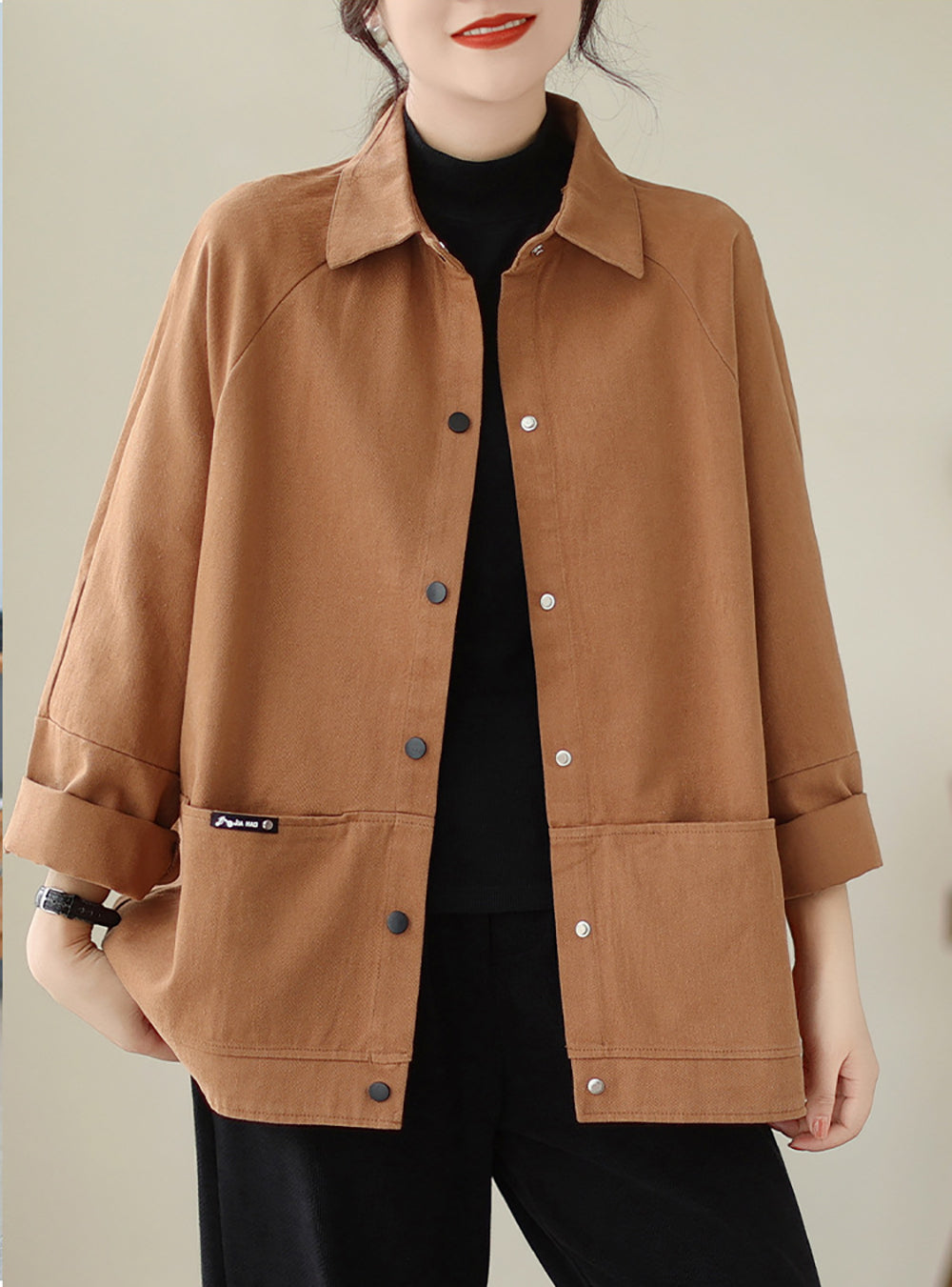 Women Spread Collar Solid Cotton Oversized Casual Shirt