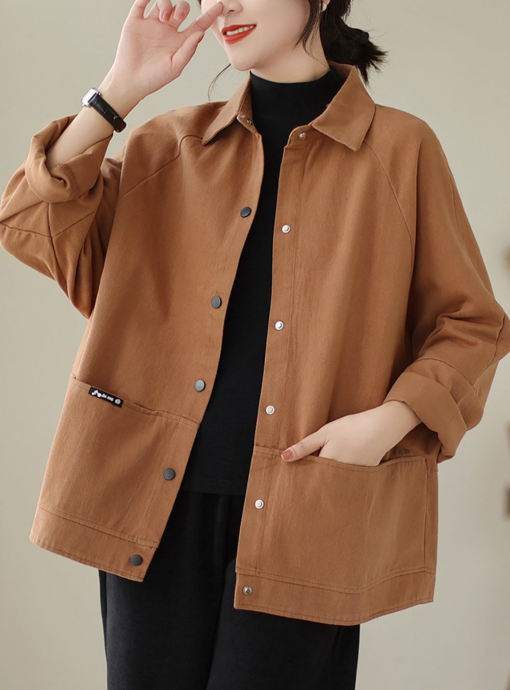 Women Spread Collar Solid Cotton Oversized Casual Shirt