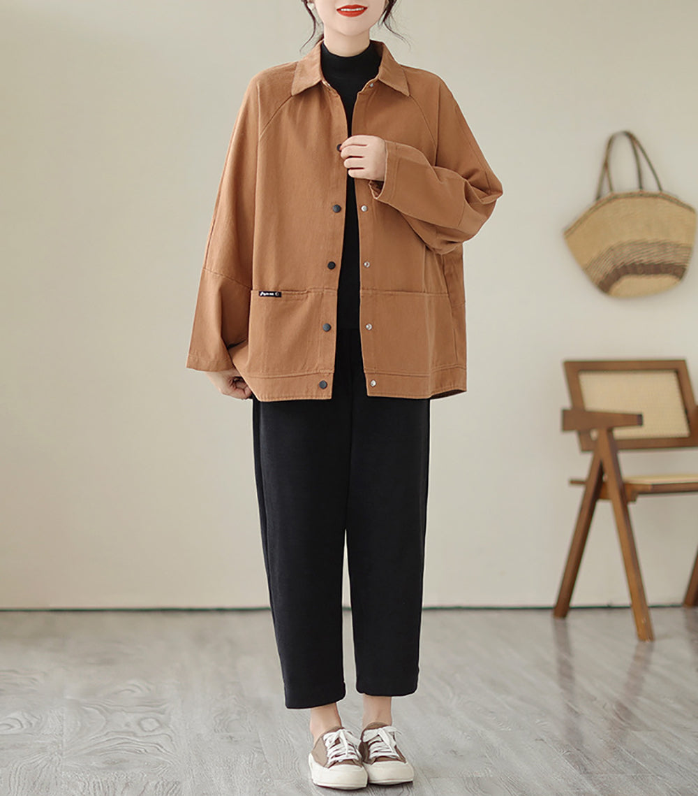 Women Spread Collar Solid Cotton Oversized Casual Shirt