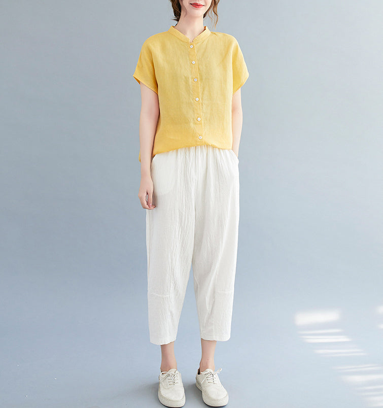 Women Cotton Mandarin Collar Shirt Style Top