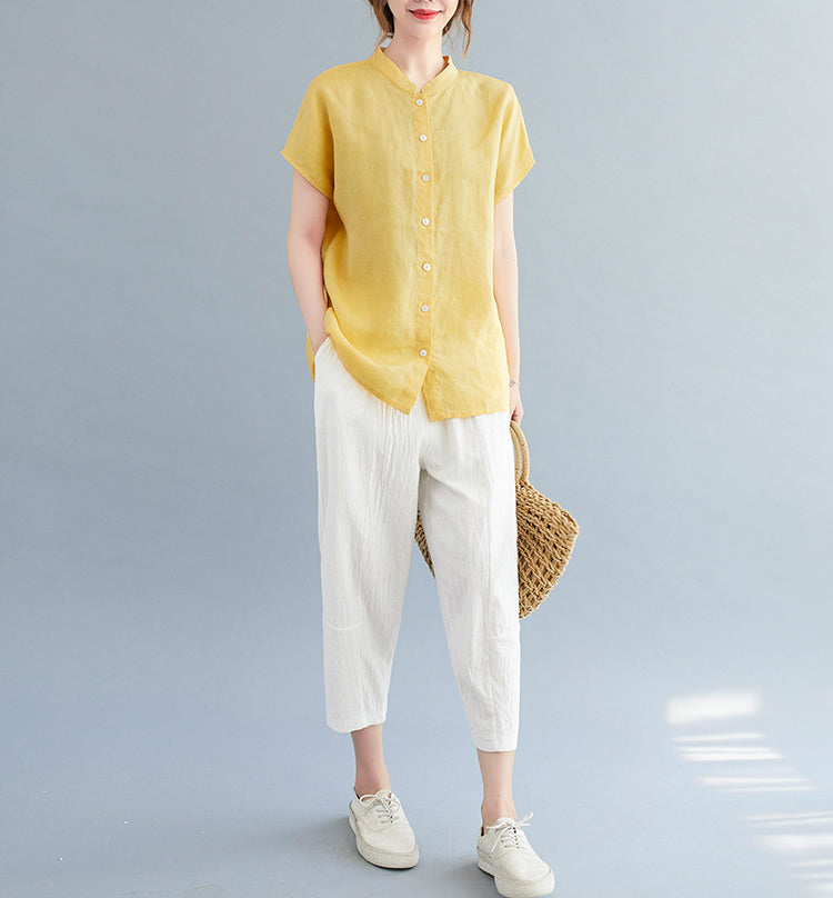 Women Cotton Mandarin Collar Shirt Style Top