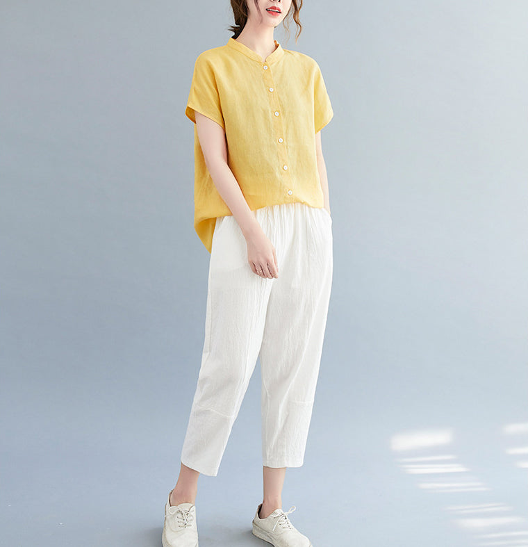 Women Cotton Mandarin Collar Shirt Style Top