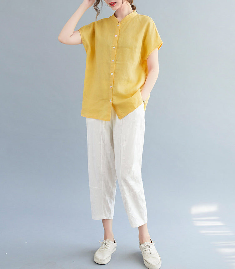 Women Cotton Mandarin Collar Shirt Style Top