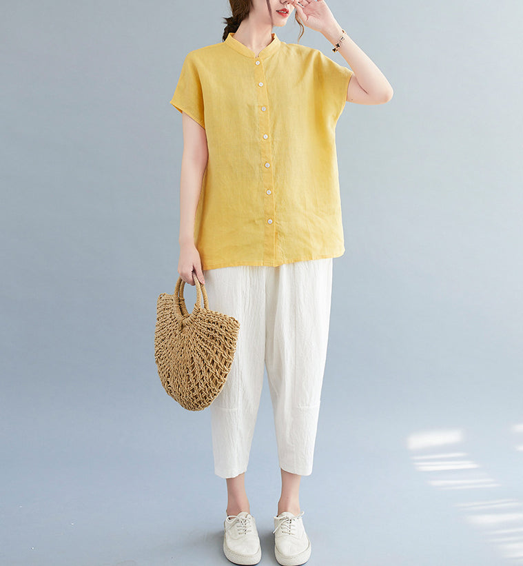 Women Cotton Mandarin Collar Shirt Style Top