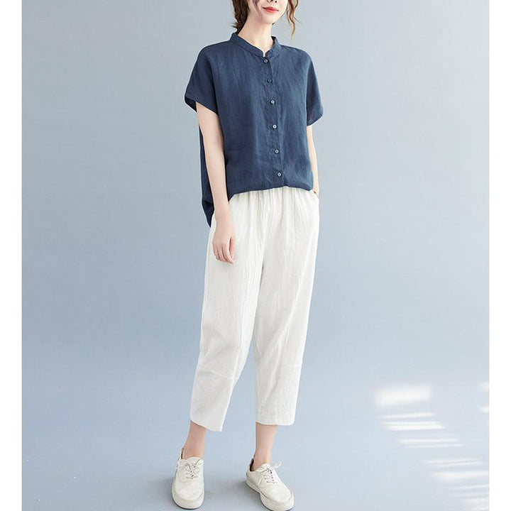 Women Cotton Mandarin Collar Shirt Style Top