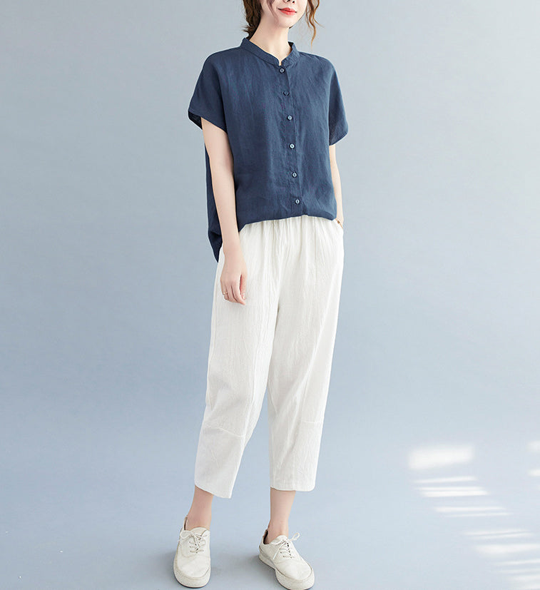 Women Cotton Mandarin Collar Shirt Style Top
