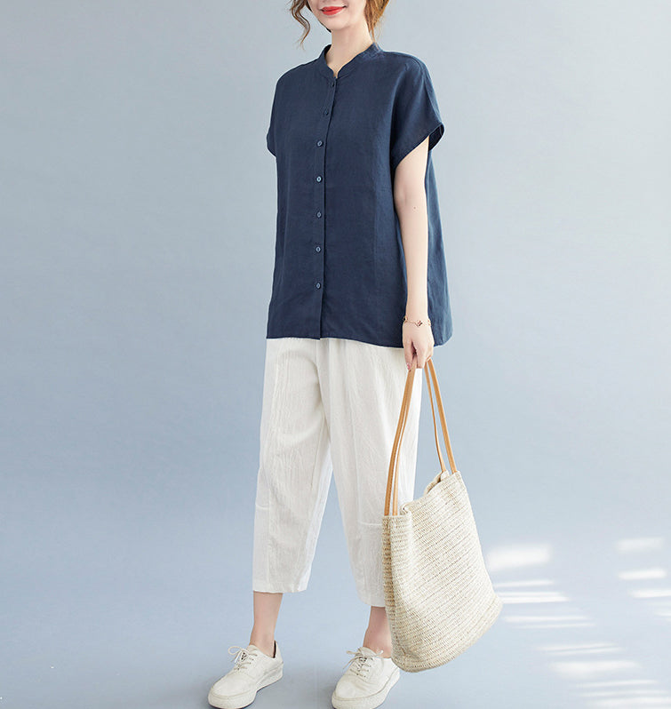 Women Cotton Mandarin Collar Shirt Style Top